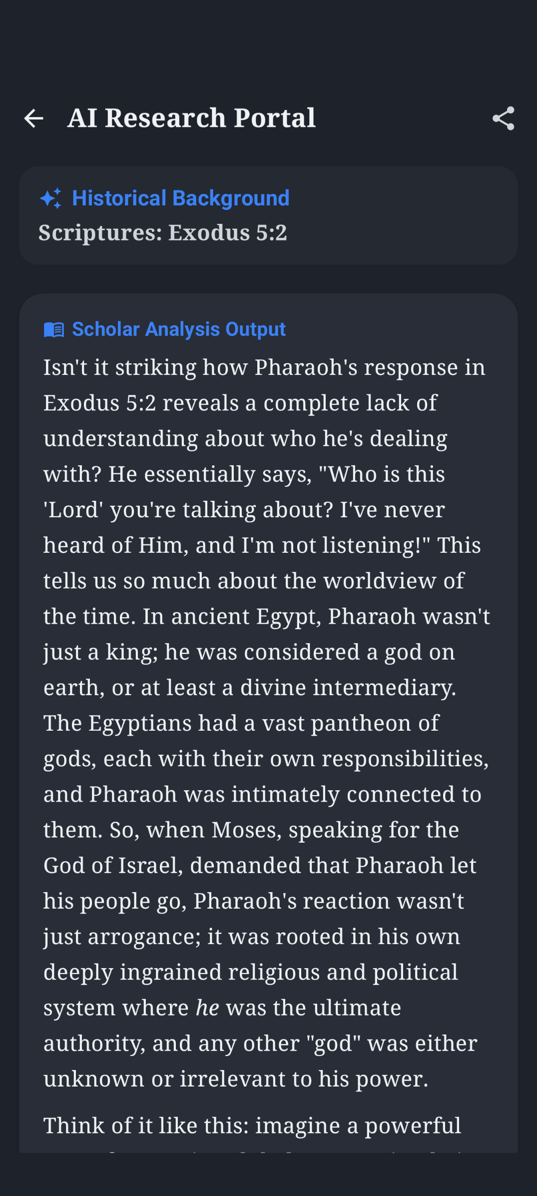 Biblical Insights AI Research Portal displaying historical background for Exodus 5:2