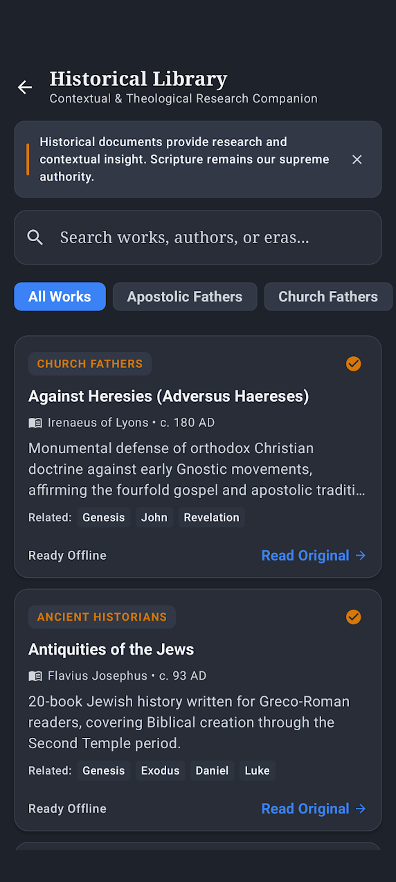 Biblical Insights Historical Library listing Against Heresies and Antiquities of the Jews as available offline