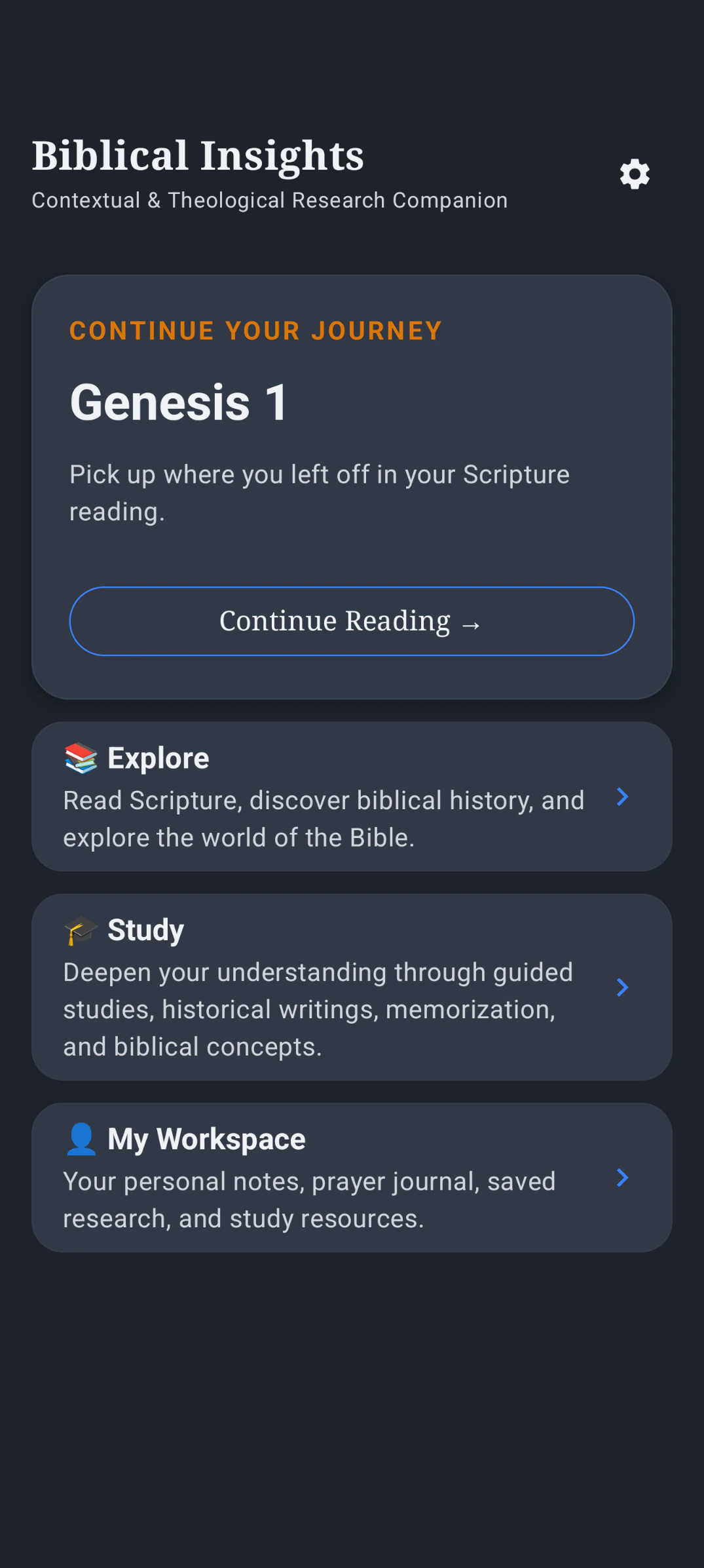 Biblical Insights home screen with reading, study, and workspace options