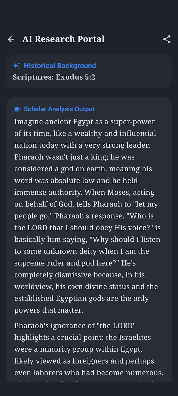 Biblical Insights AI Research Portal returning substantive historical background for Exodus 5:2