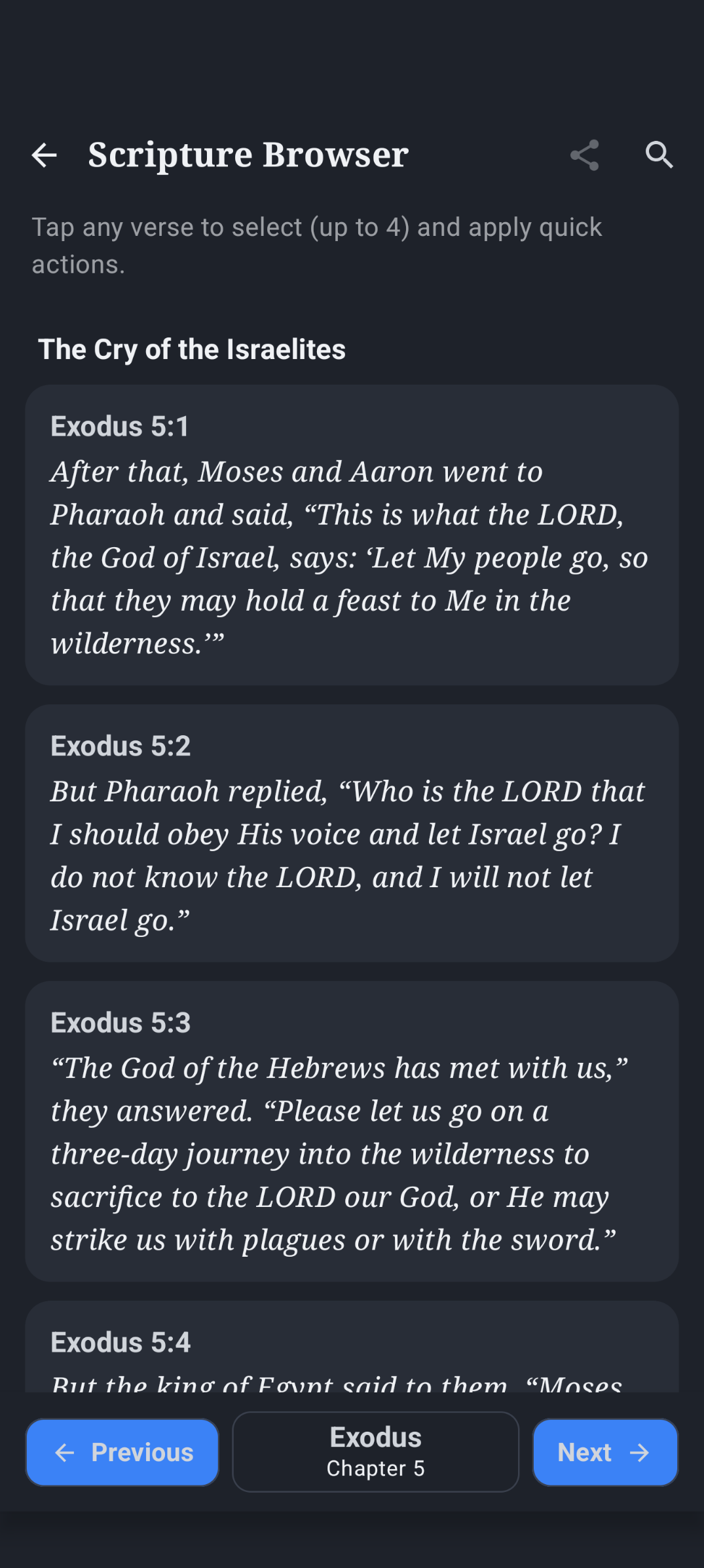 Biblical Insights Scripture Browser showing Exodus chapter 5