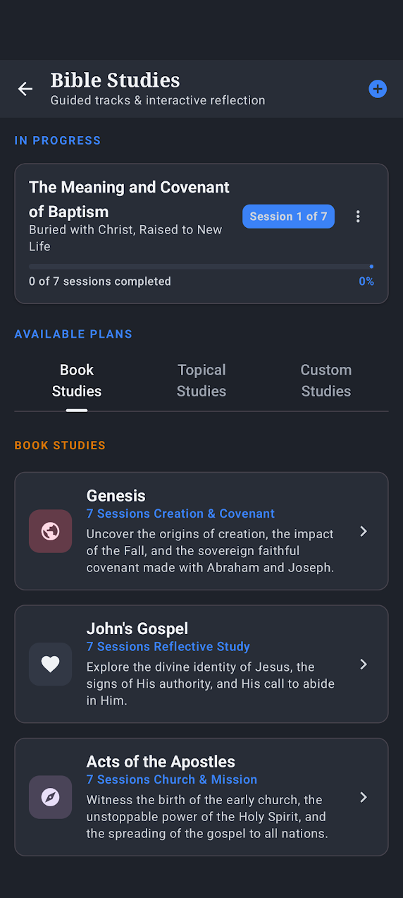 Biblical Insights Bible Studies screen with available book, topical, and custom plans