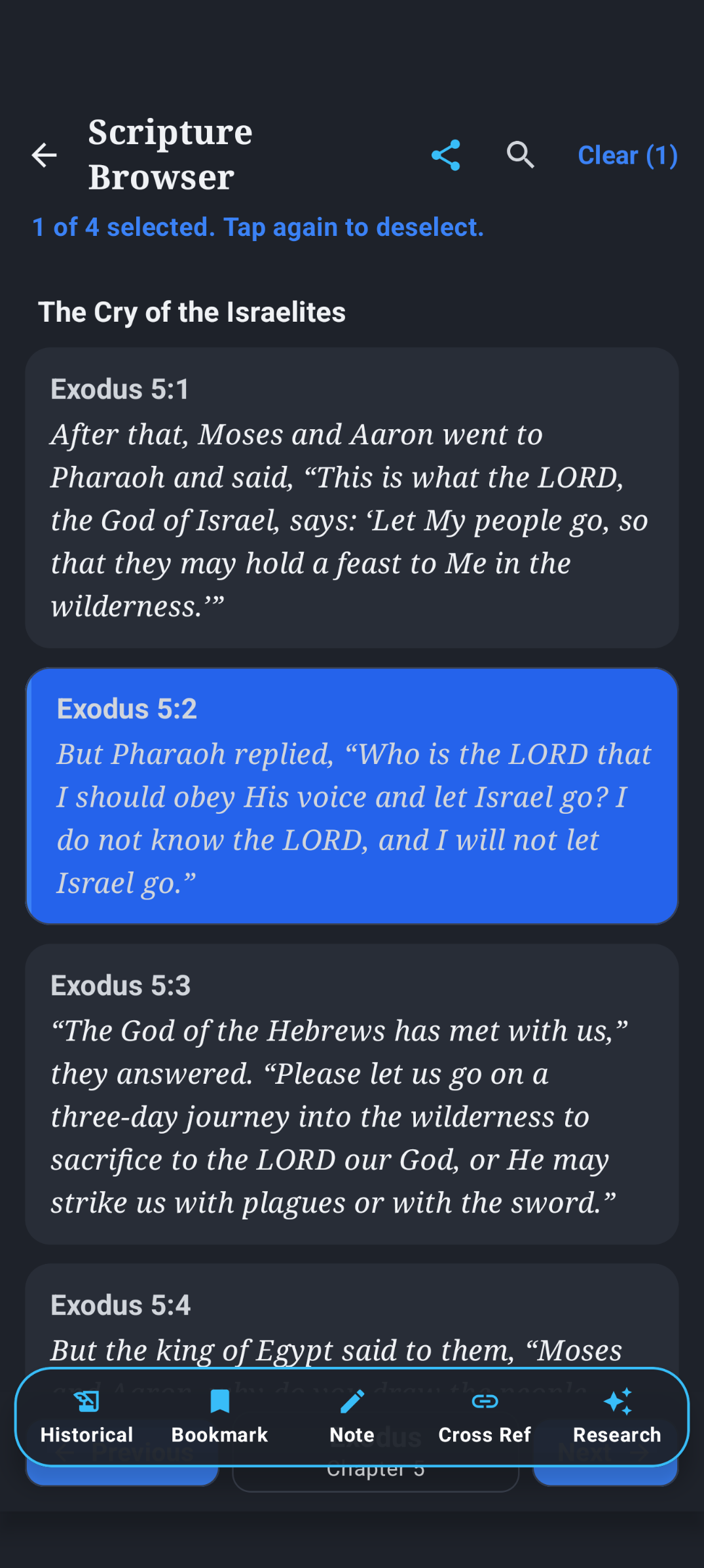 A selected verse in Biblical Insights with historical, bookmark, note, cross-reference, and research actions