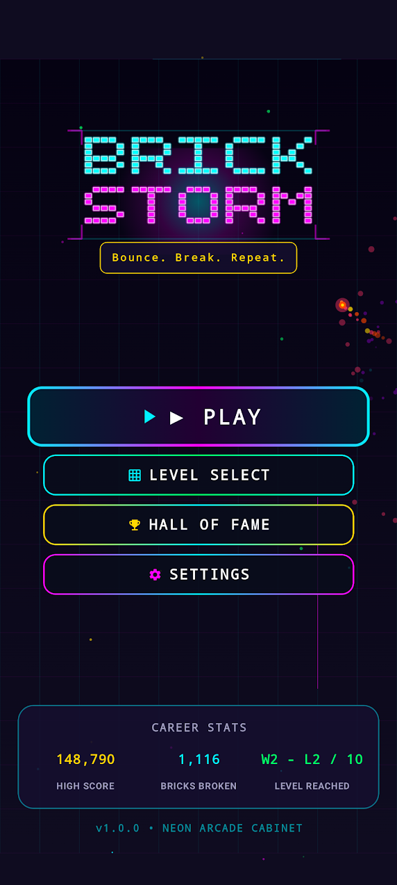 BrickStorm main menu with Play, Level Select, Hall of Fame, Settings, and career statistics
