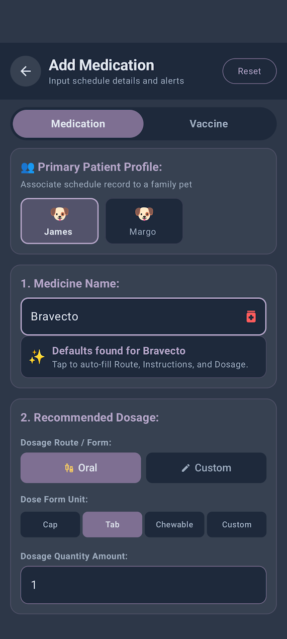 CritterVault Add Medication screen assigning Bravecto to Margo