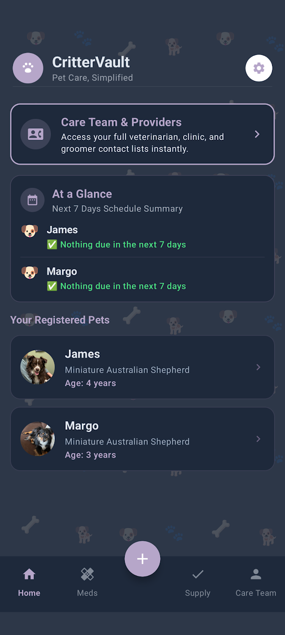 CritterVault home dashboard showing care status and profiles for James and Margo