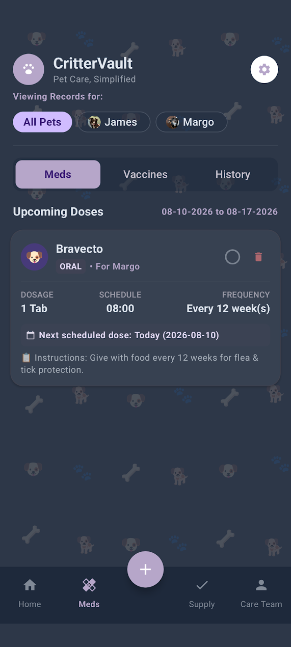 CritterVault medication schedule filtered across all pets with an upcoming Bravecto dose