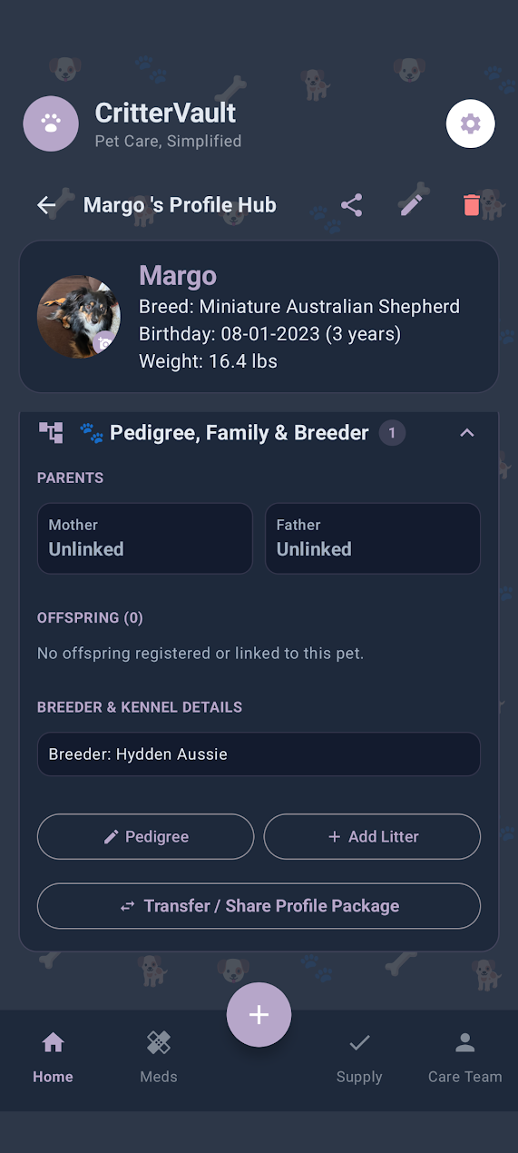 Margo's expanded pedigree, family and breeder profile with transfer and share profile package action