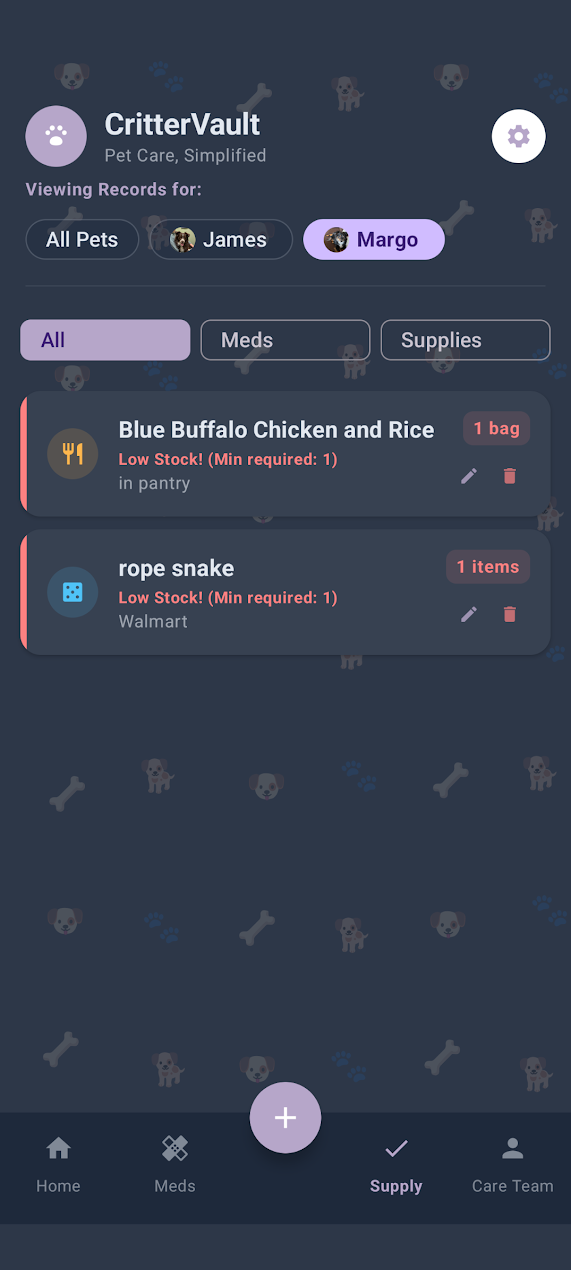 CritterVault supplies screen showing low-stock food and toy items for Margo