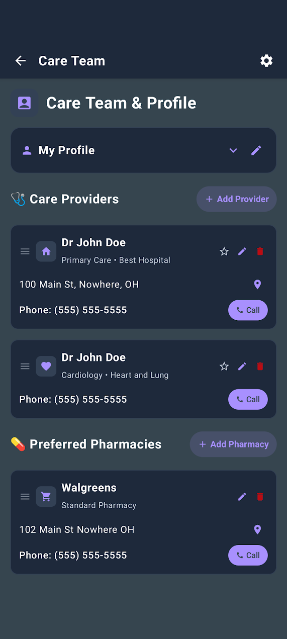 DailyDose Care Team and Profile screen with primary care, specialist, and preferred pharmacy information