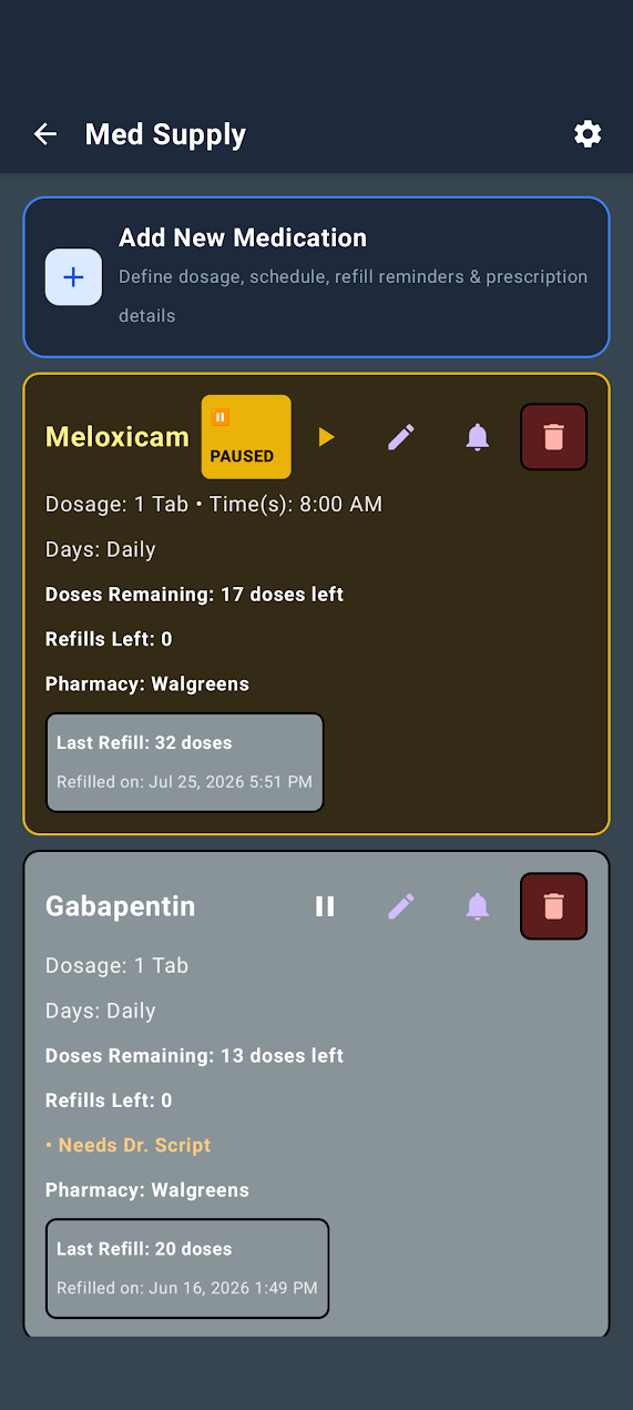 DailyDose Med Supply screen showing doses remaining, refills, pharmacy, last refill, paused state, and prescription renewal needs