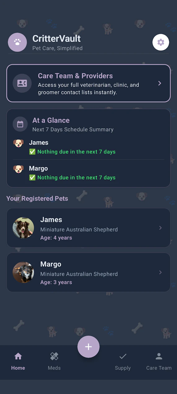 CritterVault pet care dashboard