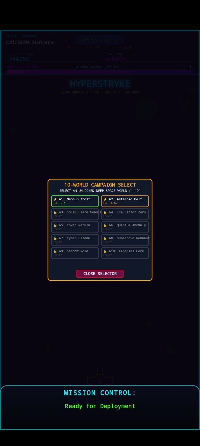 HyperStryke ten-world campaign selector