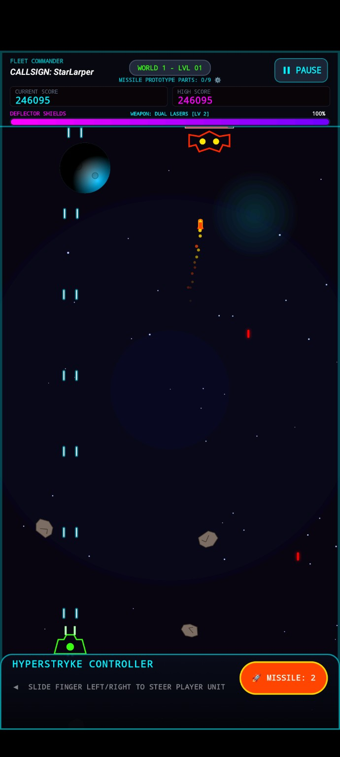 HyperStryke gameplay with enemy fire, cover, and a missile launch
