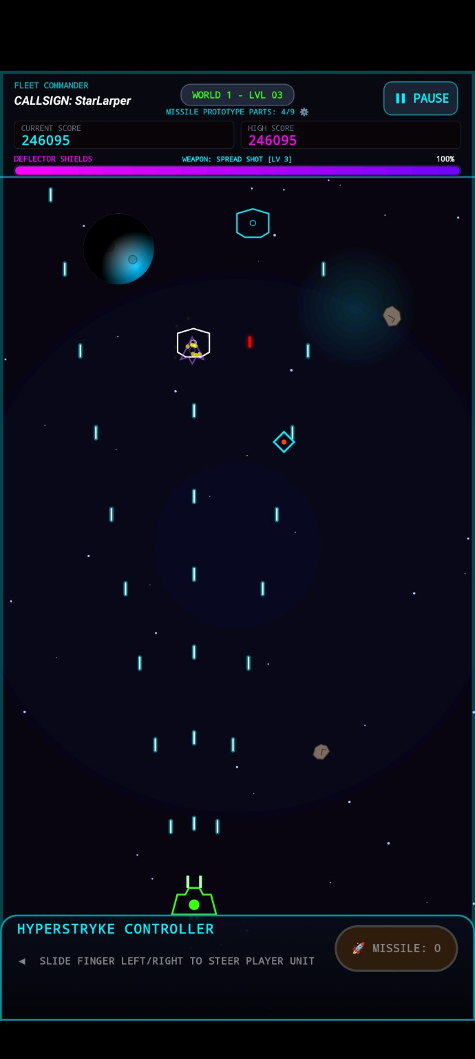 HyperStryke gameplay showing a shield power-up, lasers, and enemy fire