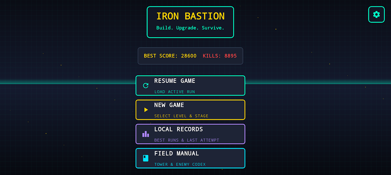 Iron Bastion command center with new game, local records, and field manual options