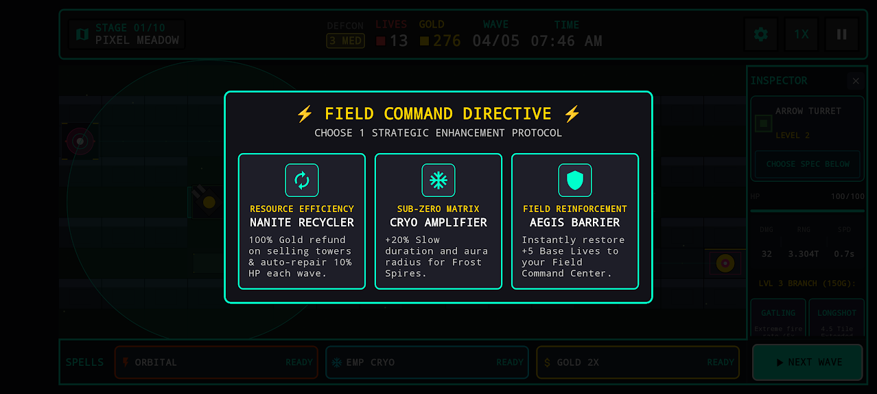 Iron Bastion Field Command Directive choices including Nanite Recycler, Cryo Amplifier, and Aegis Barrier