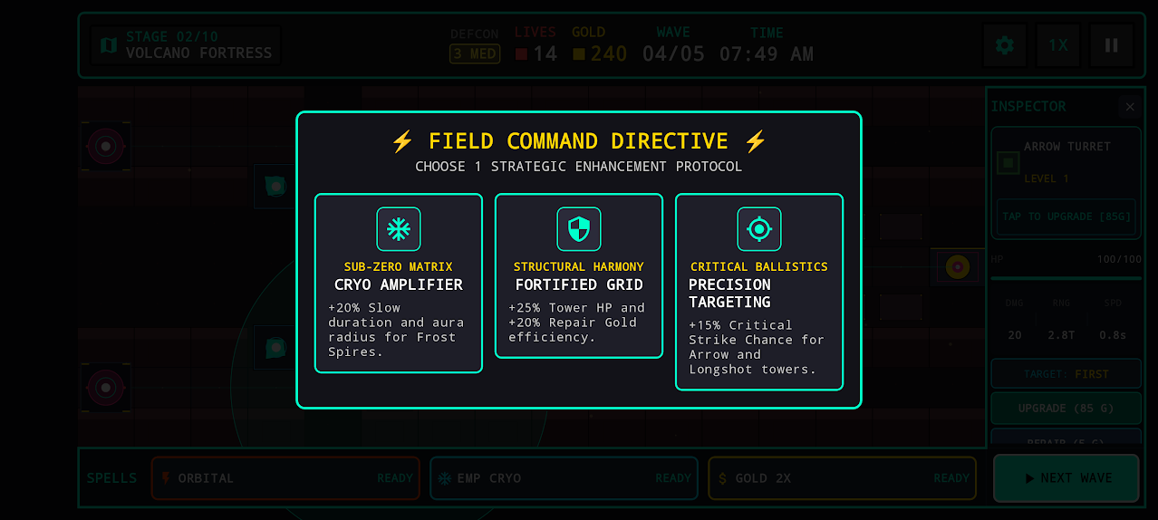 Iron Bastion Field Command Directive choices including Cryo Amplifier, Fortified Grid, and Precision Targeting