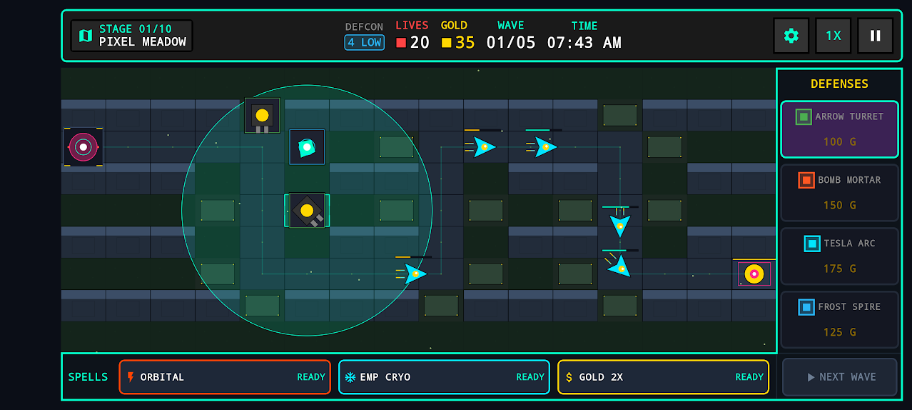 Iron Bastion battle in Pixel Meadow with placed towers, incoming enemies, defenses, and command spells