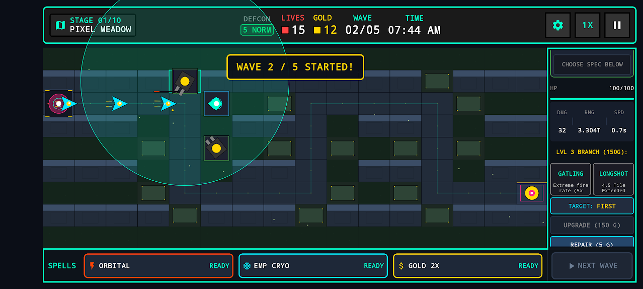 Iron Bastion tower inspector showing Gatling and Longshot specialization choices during a battle