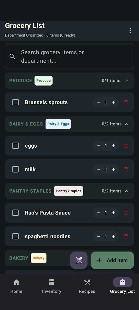 PantryWatch grocery list organized by produce, dairy and eggs, pantry staples, and bakery departments