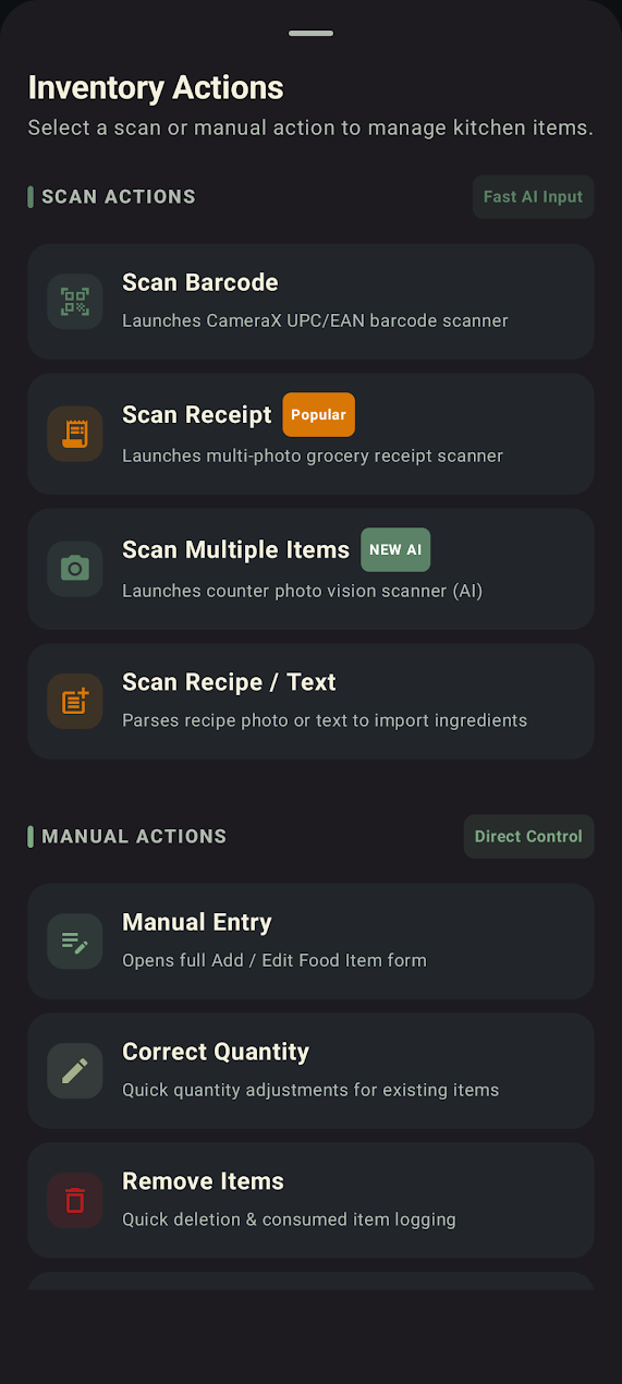 PantryWatch Inventory Actions with barcode, receipt, multiple-item, recipe, and manual entry options