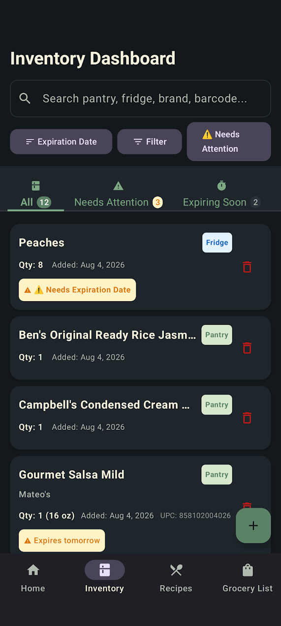 PantryWatch Inventory Dashboard with search, expiration filters, storage locations, quantities, and attention indicators