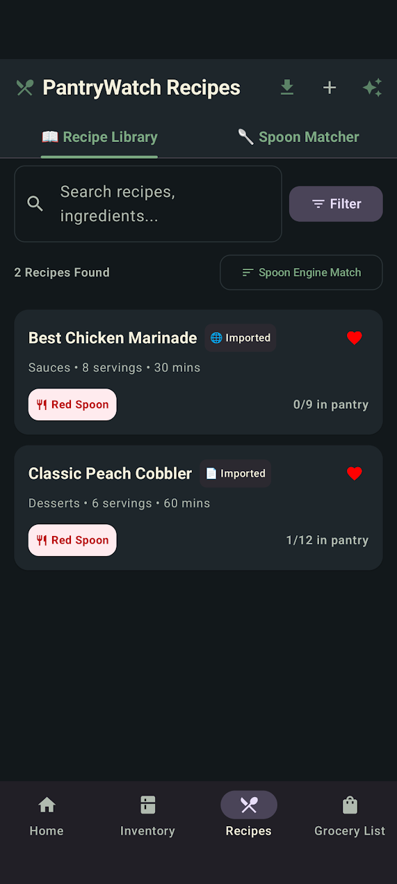 PantryWatch recipe library showing Spoon Matcher inventory readiness for saved and imported recipes